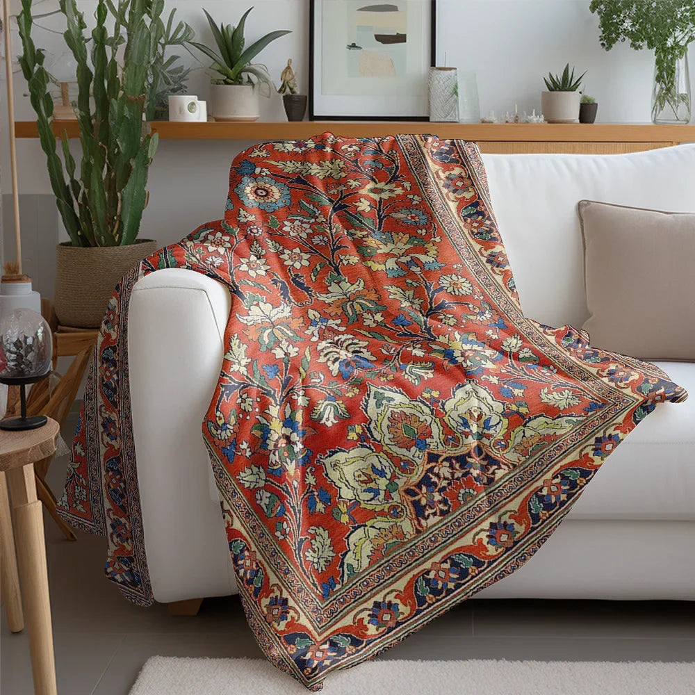 Couverture en Laine Rouge à Motif Floral