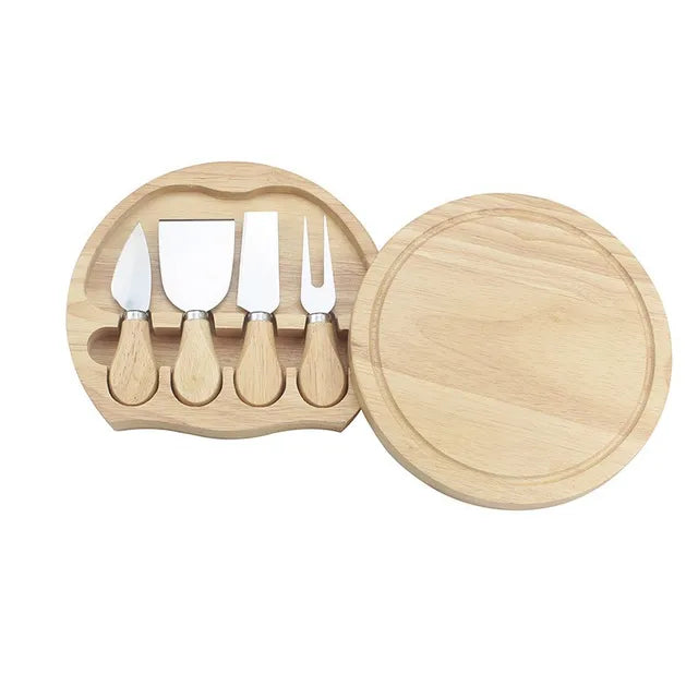 Plateau à Fromage Rond en Bois avec Couteaux