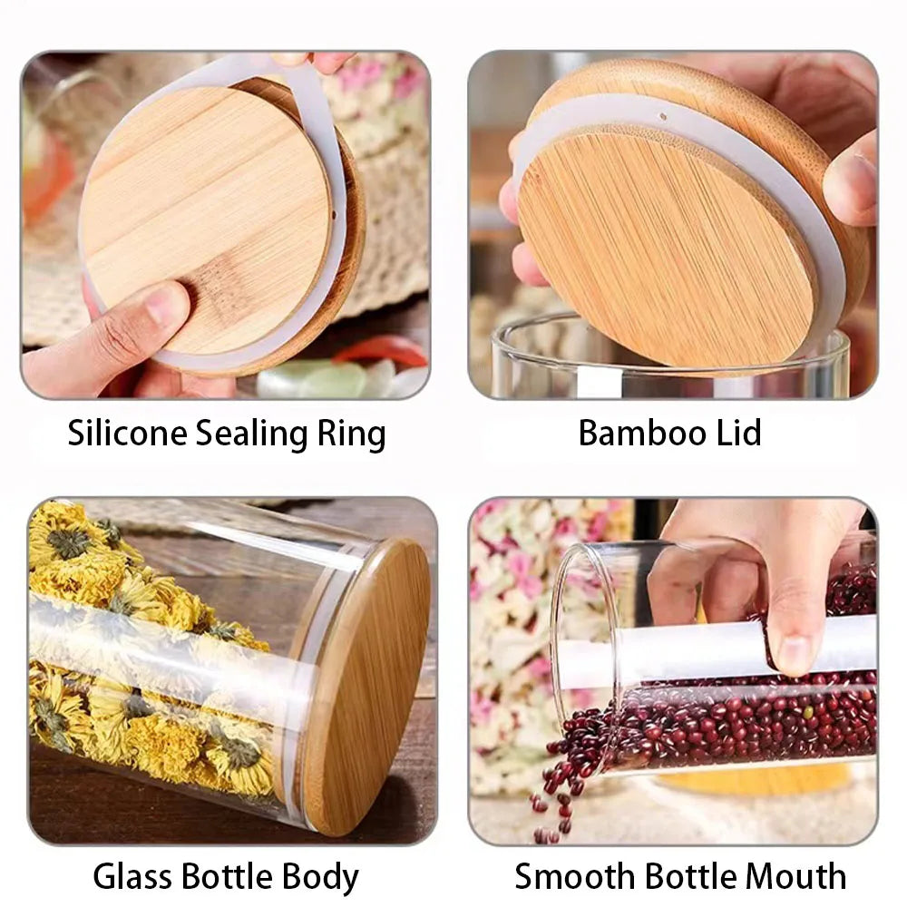 Ensemble de Bocaux en Verre avec Couvercles en Bambou